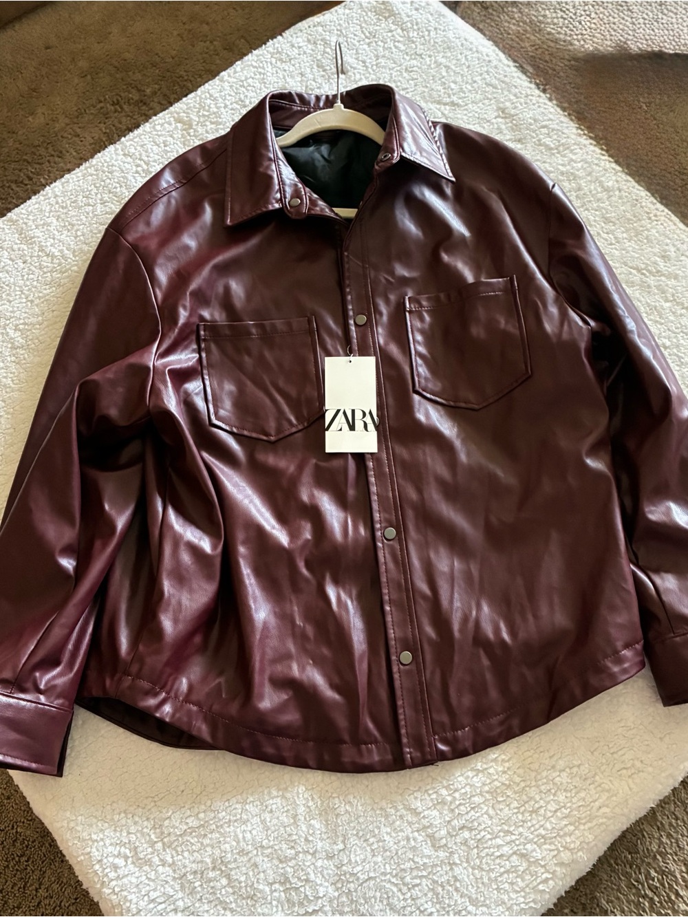 Zara Men’s Burgundy Faux Leather Button-Front Shirt Jacket